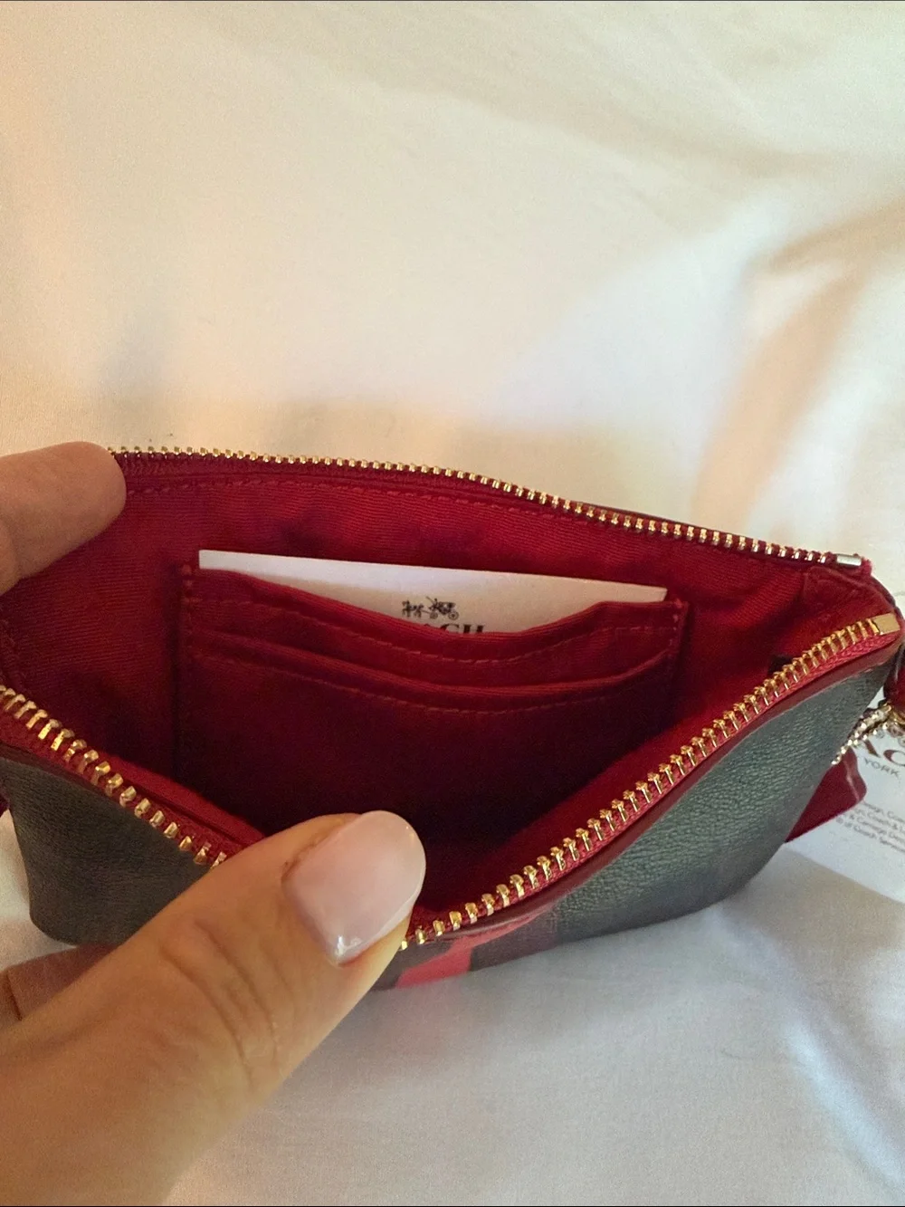 Coach Brown and Red Signature Stripe Wristlet